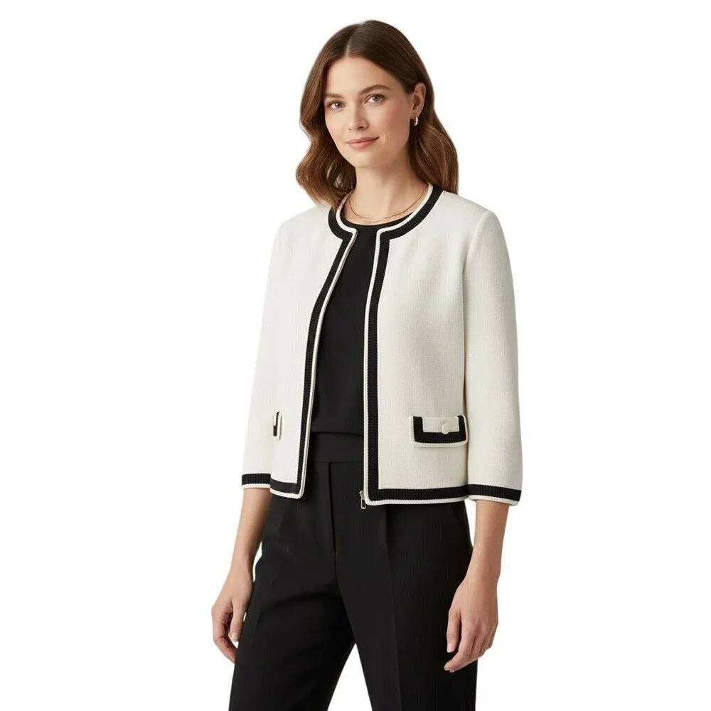 St. John Caviar Jacket Cream Black Santana Knit Full Zip 3/4 Sleeve Size 2